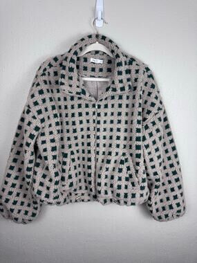 Cozy Co. Taupe & Green Checkered Sherpa Jacket Womens XL(1X)